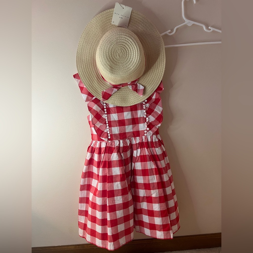 Girls Red and White Checkered Dress with Hat 5T